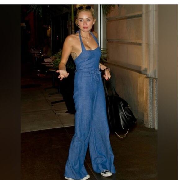 Anthropologie Elevenses Sharlene Halter Linen Blend Denim Jumpsuit Size 6 - Picture 8 of 13